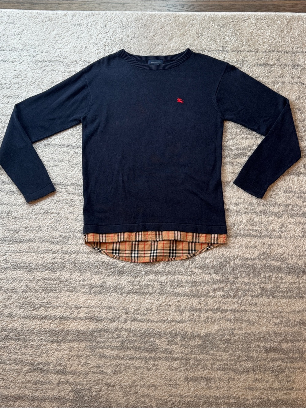 Burberry Navy Knit Long-Sleeve Tee with Tan Plaid Hem